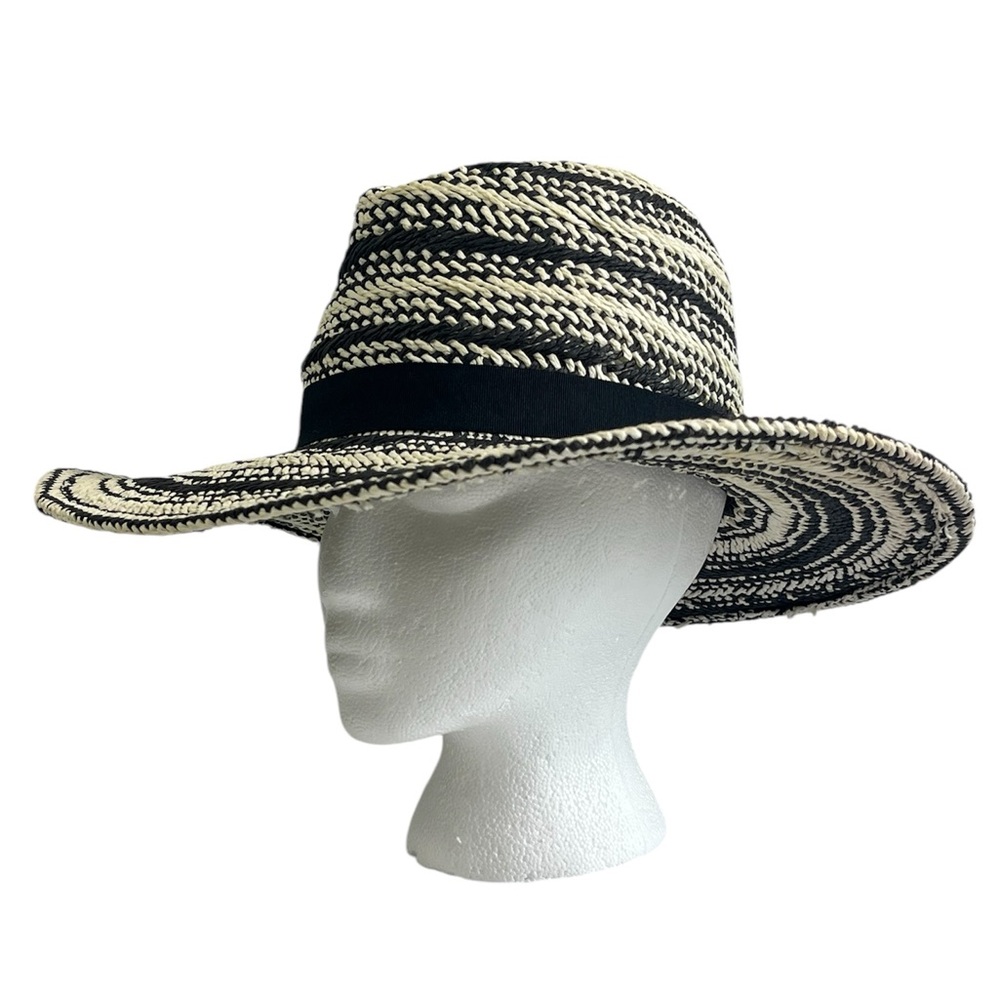 ZARA Woven Wide Brim Fedora/Panama Hat - Ecru/Black 3.5” Brim